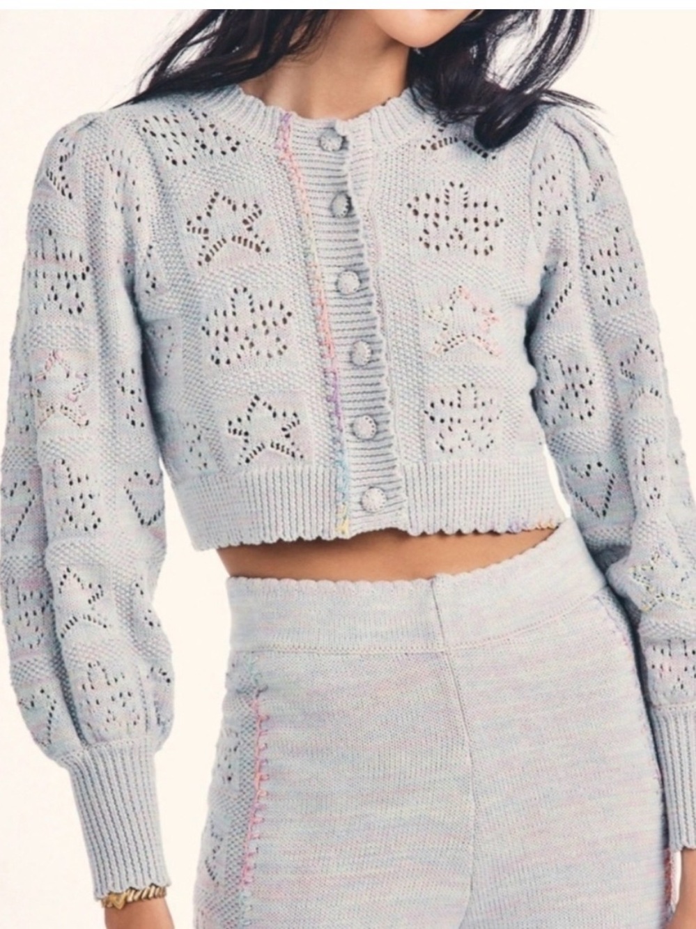 LoveShackFancy Pale Blue Pointelle Cropped Cardigan